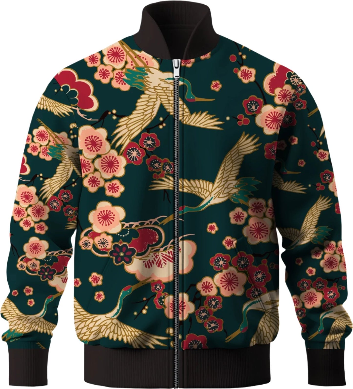 Japanese Crane Pattern Bomber Jacket