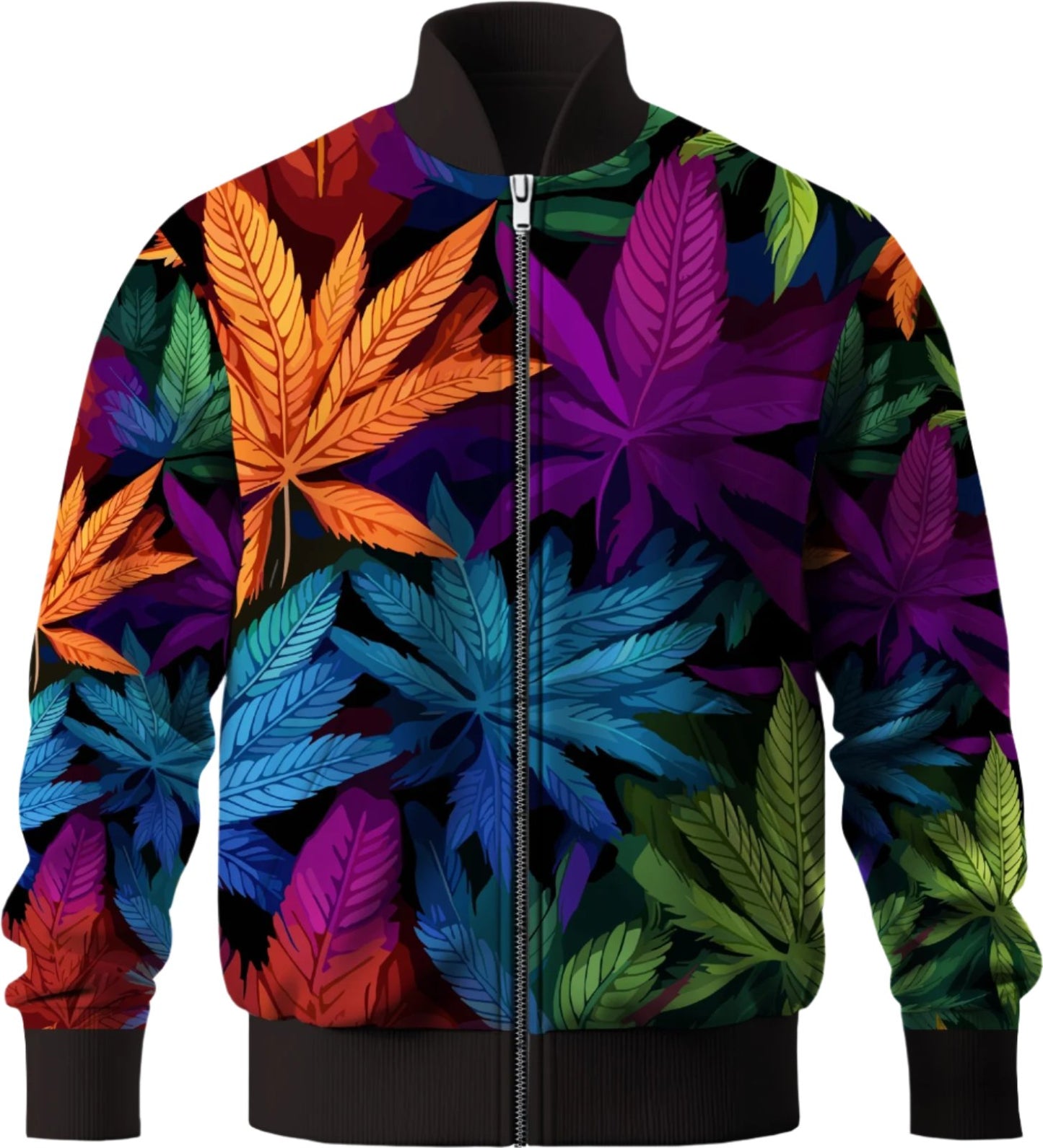 Vibrant Multicolor Leaf Pattern Bomber Jacket
