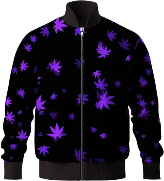 Black and Purple Leaf Print Bomber Jacket